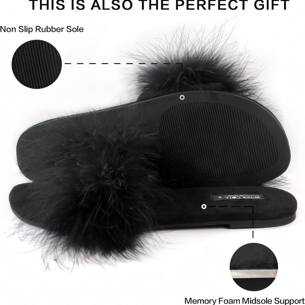 Women's Fuzzy Open Toe Slippers Memory Foam Feath… - image 4